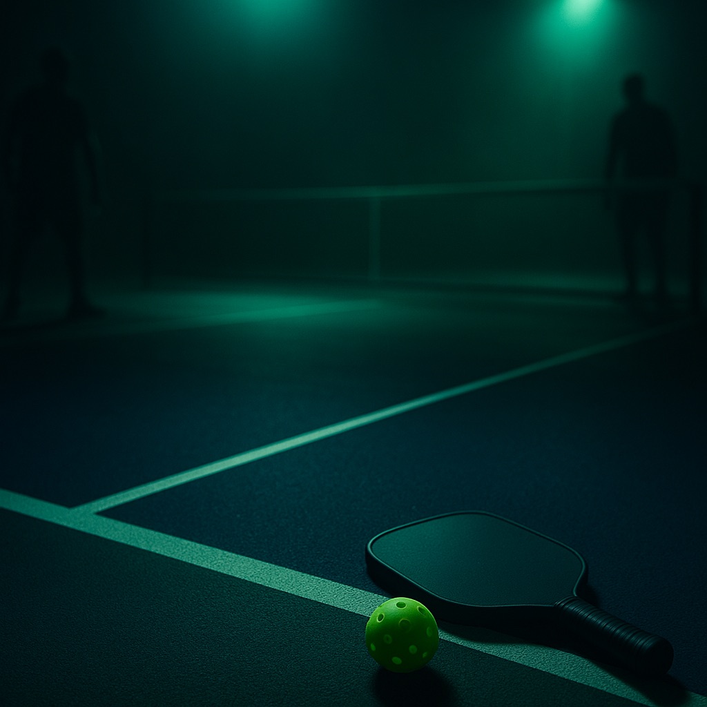 A paddle and a ball resting on the kitchen line of a floodlit court