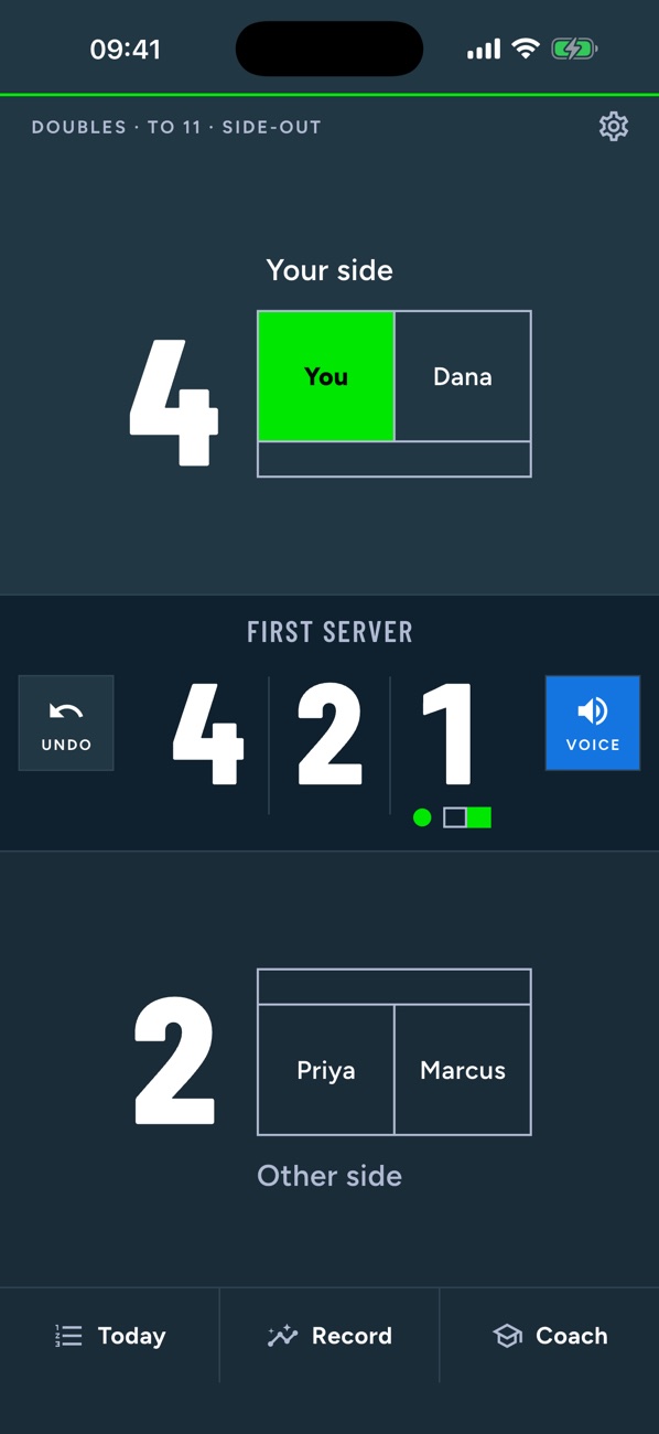 STK Callout's live court: You and Dana lead Marcus and Priya 4 to 2, the Call Strip reads 4, 2, 1 with first server